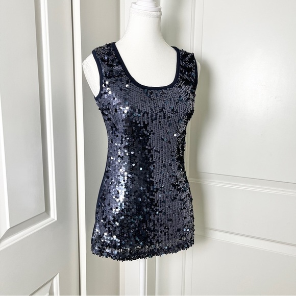 Ann Taylor Navy Sequin Top Sleeveless Glam Blouse, Small, Festival & Party Ready - Picture 3 of 11